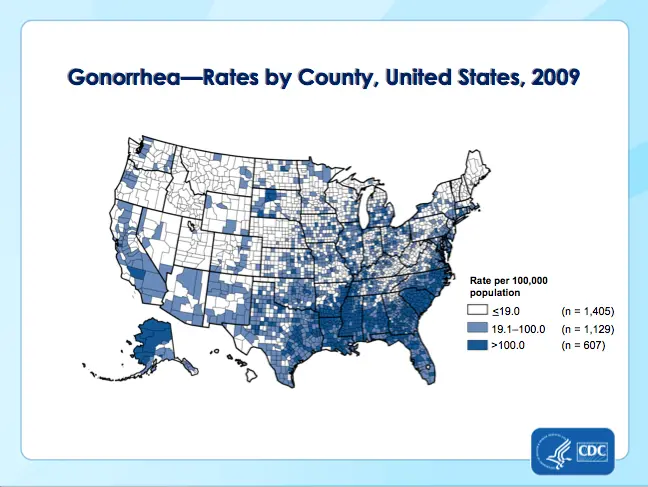 Map: Rates of Gonorrhea Infections by U.S. County, 2009