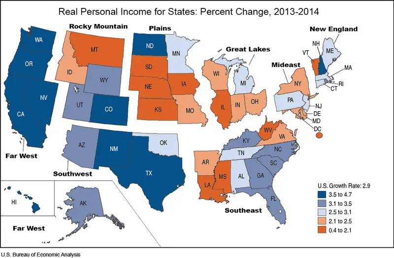 Map: Real Personal Income for States: Percent change 2013-14