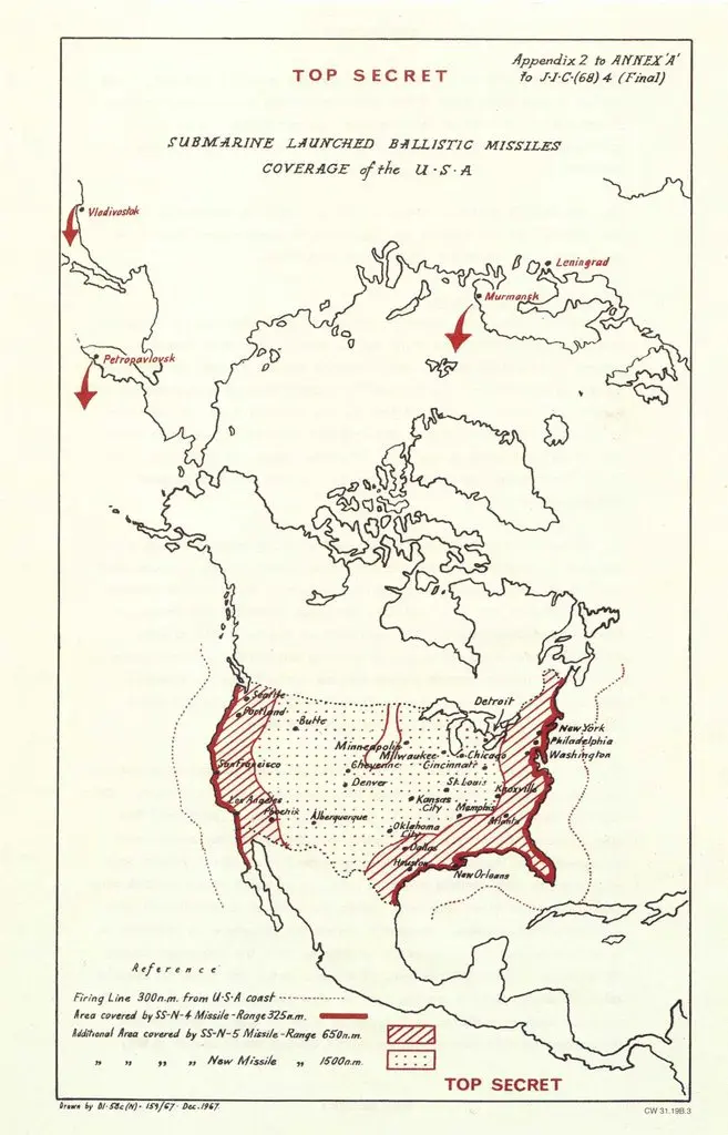Map: Regions of the USA within range of Soviet Submarine Launched Ballistic Missiles. (1967).