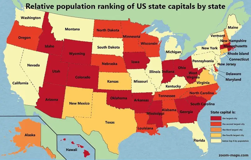 Map: Relative population ranking of state capitals in each US state