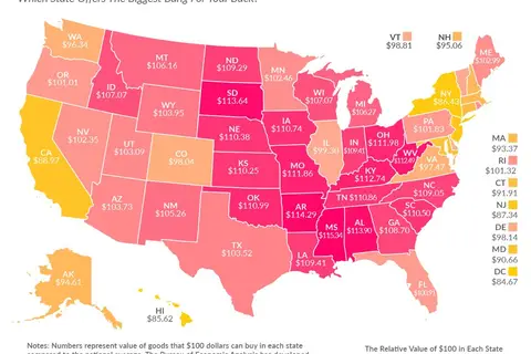 Map: Relative value of $100 by U.S. state