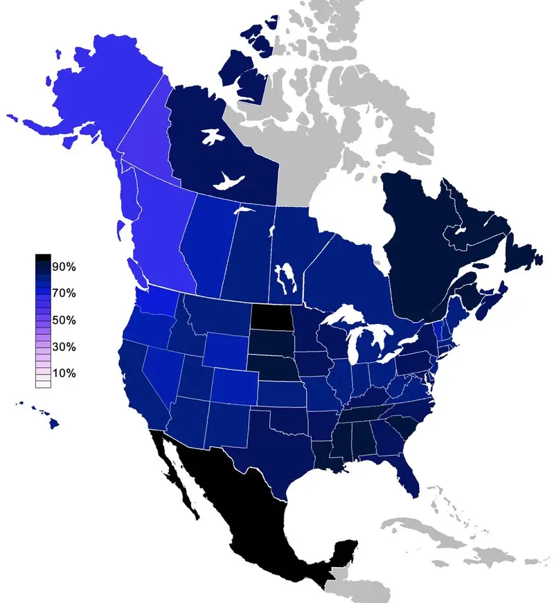Map: Religiosity in North America, 2001