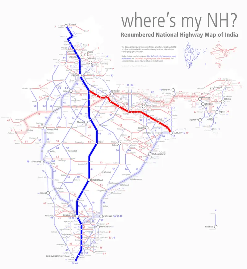 Map: Renumbered National Highways Map of India Schematic Hilight 19 44