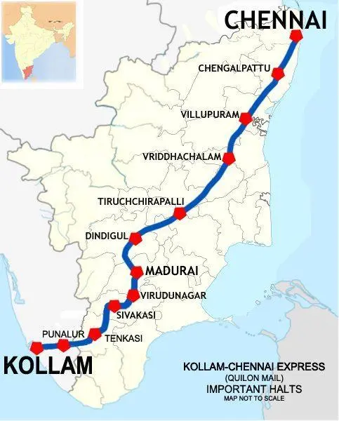 Map: Route Map of Kollam Jnchennai Egmore Express Jul 2020
