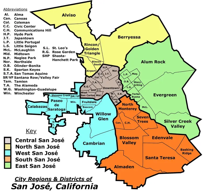 Map: San Jose California Map of City Regions Districts