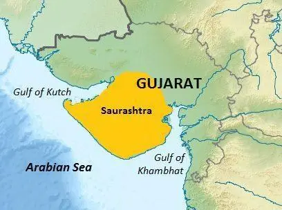 Map: Saurashtra Region Within Gujarat India Relief Map