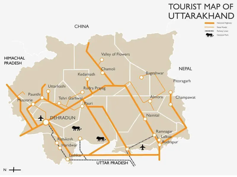 Map: Schematic Tourist Map of Uttarakhand