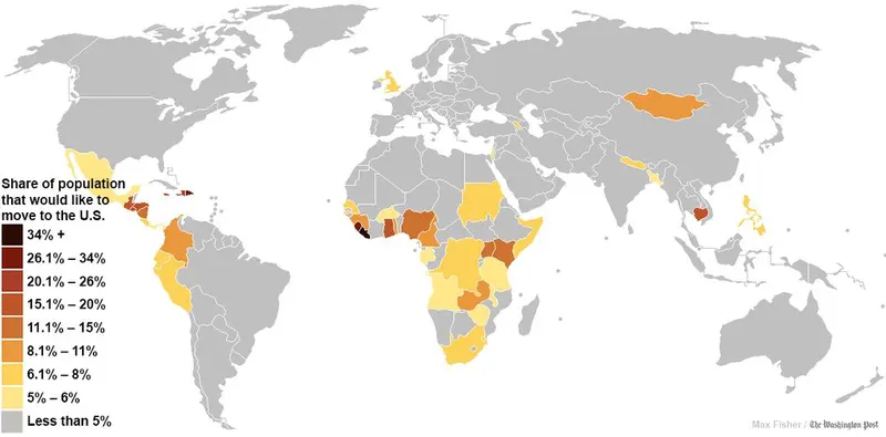 Map: Share of world population that would like to move to the U.S.