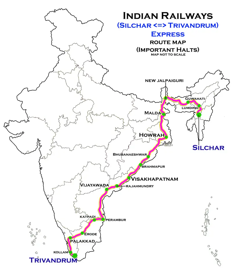 Map: Silchar Trivandrum Express Route Map