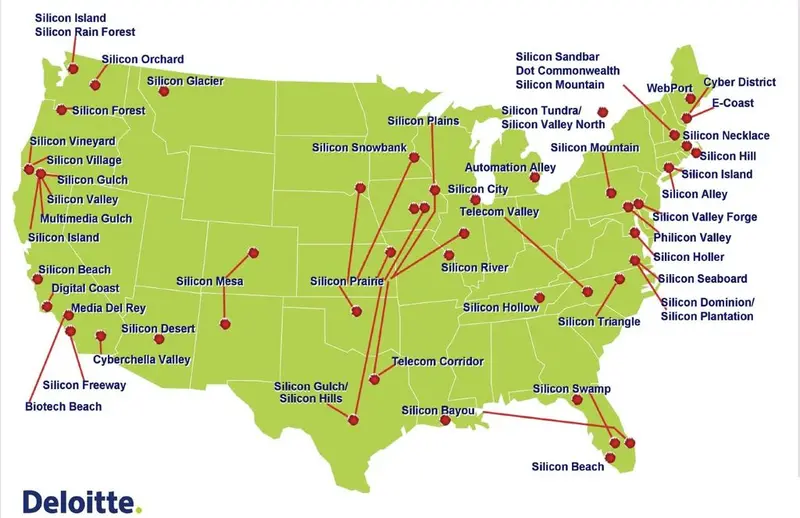 Map: Silicon Geography: Places in the USA adopting tech names in order to promote their local computer and software companies.