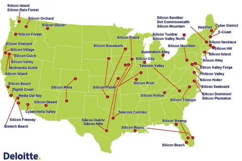 Map: Silicon Geography: Places in the USA adopting tech names in order to promote their local computer and software companies.
