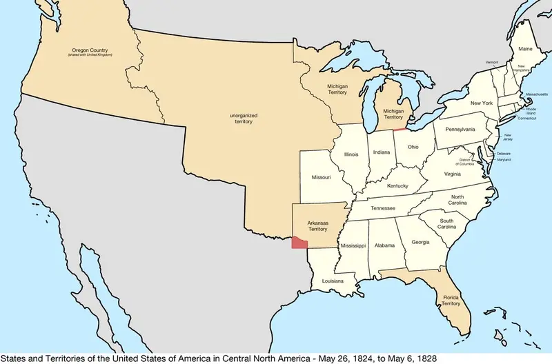 Map: States and Territories in the United States of America 1824-1828