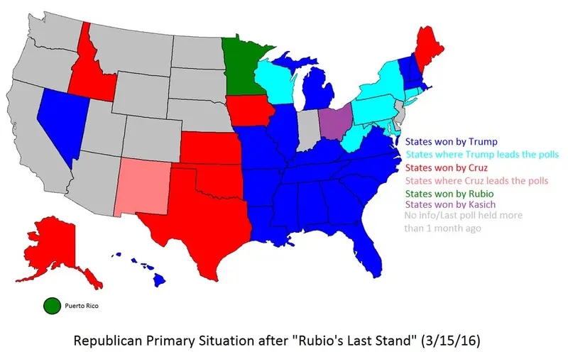 Map: Statewide Republican Primary Situation after “Rubio’s Last Stand” (3/15/16)