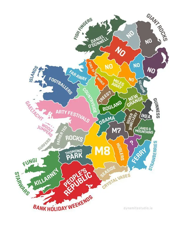 Map: Stereotypical map of the counties of Ireland (entire island, but major emphasis on Republic counties). (Credit @retailinmotion – Twitter)