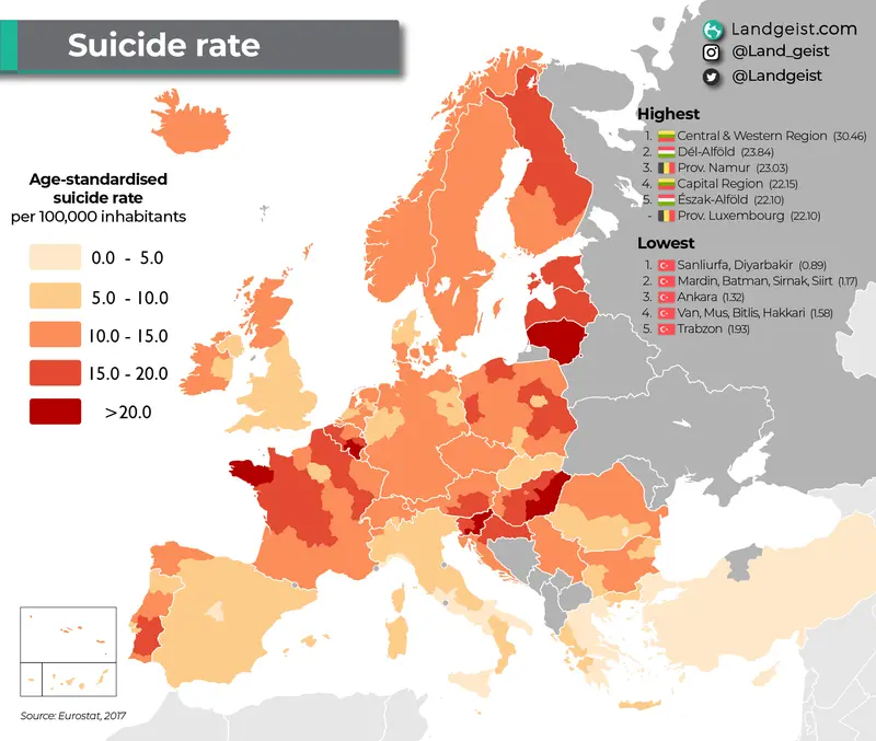 Map: Suicide rates in Europe