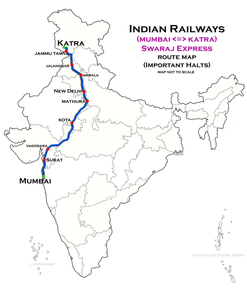 Map: Swaraj Express Mumbai Bandra Vaishnodevi Katra Route Map