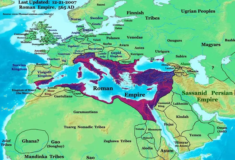 Map: The Eastern Roman Empire at its height in 565AD, after the conquests of Justinian I in his ‘Restoration of the Empire’