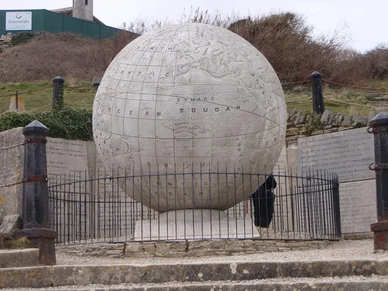 Map: The Great Globe at Swanage, England: built in 1887. one of the largest stone spheres in the world.