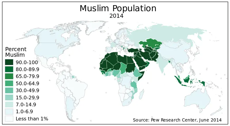 Map: The Muslim population by percentage in each country, 2014
