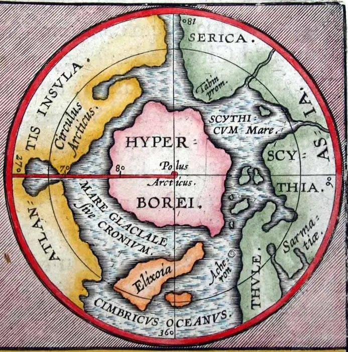 Map: The North Polar Inset Map Actual Size 7 Cm in Diameter Presents Mythical Lands Including a Central Continent of Hyperborea