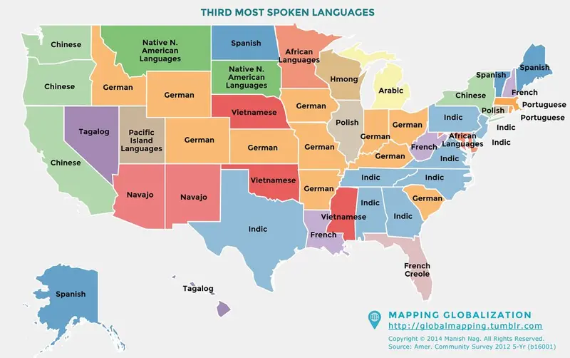 Map: Third Most Spoken Language for States in the US