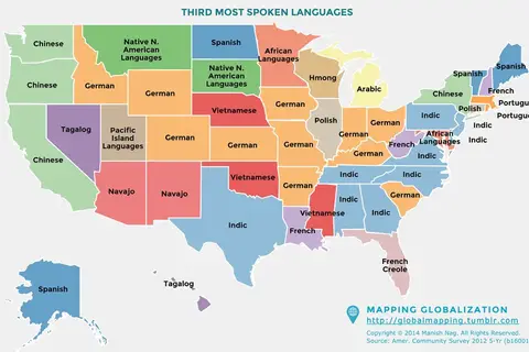 Map: Third Most Spoken Language for States in the US