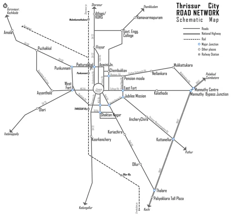 Map: Thrissur City Road Map Schematic