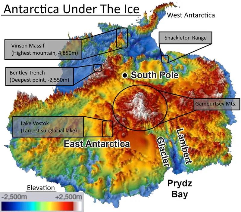 Map: Topographic map of Antarctica from bedrock elevation data