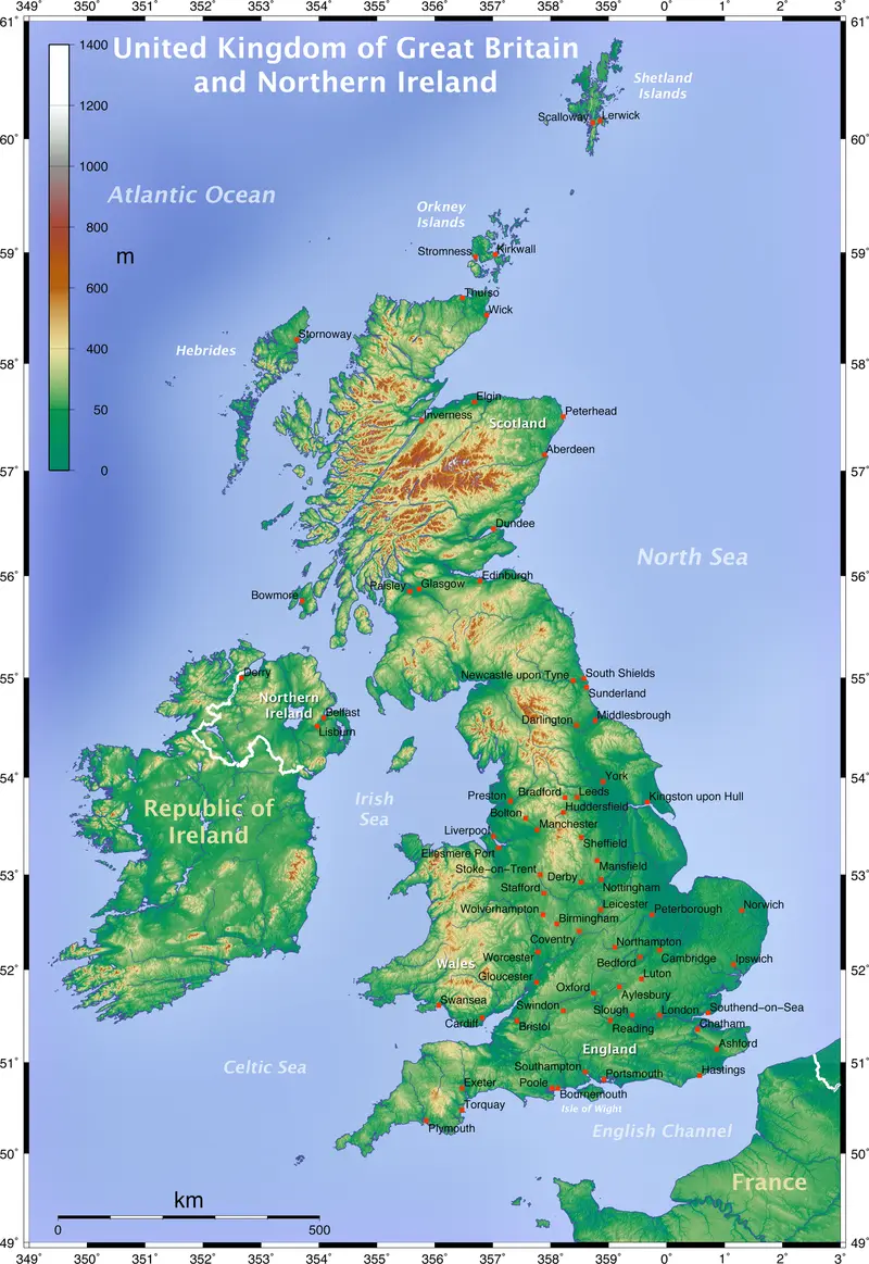 Map: Topographic Map of the Uk English