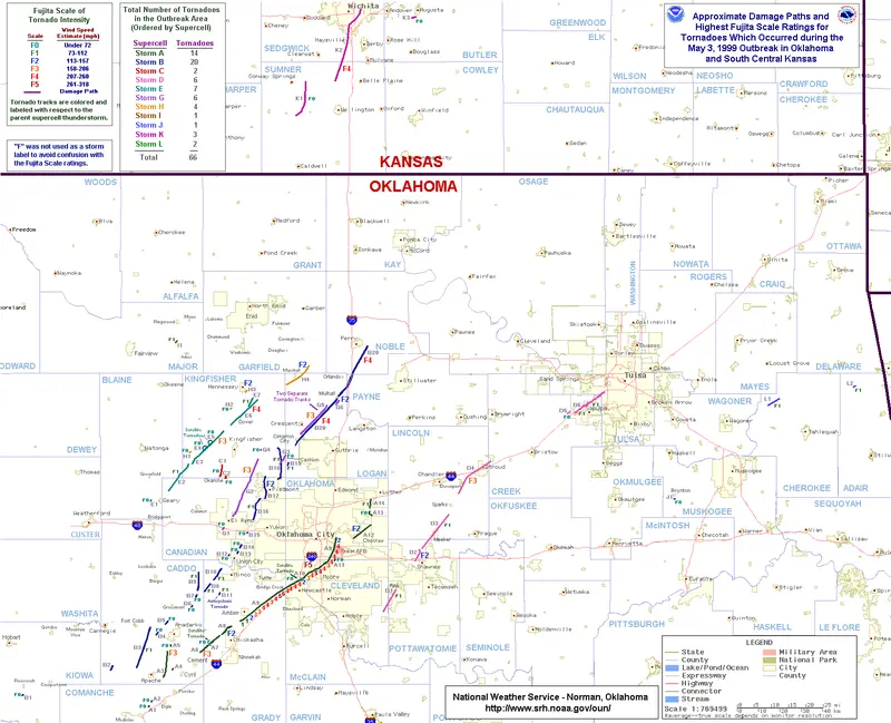 Map: Tornado Track Map 1999 Oklahoma Tornado Outbreak