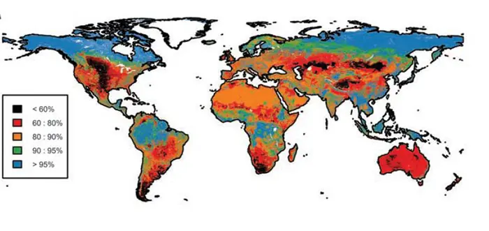 Map: Total abundance of species occurring in primary vegetation (areas above safe limit in blue)