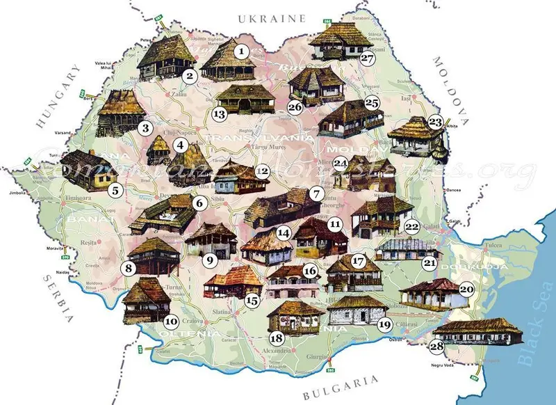 Map: Traditional architectural styles in Romania by region