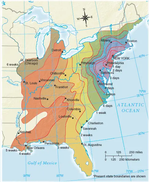 Map: Travel Times to New York in 1800