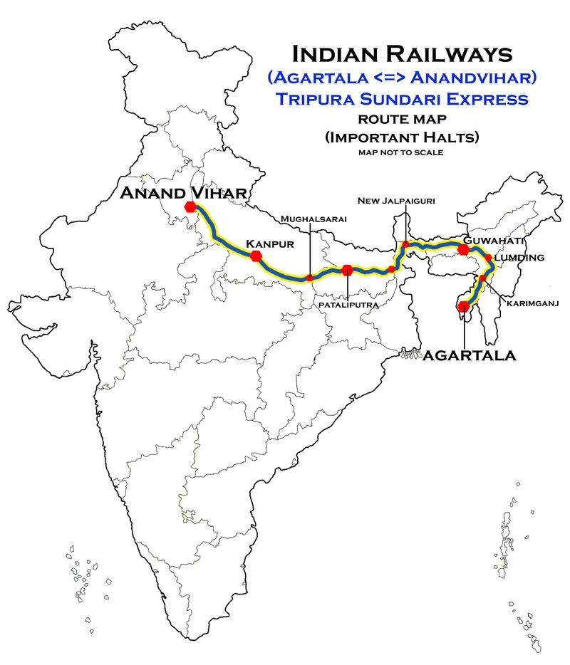 Map: Tripura Sundari Express Agartala Anand Vihar Route Map