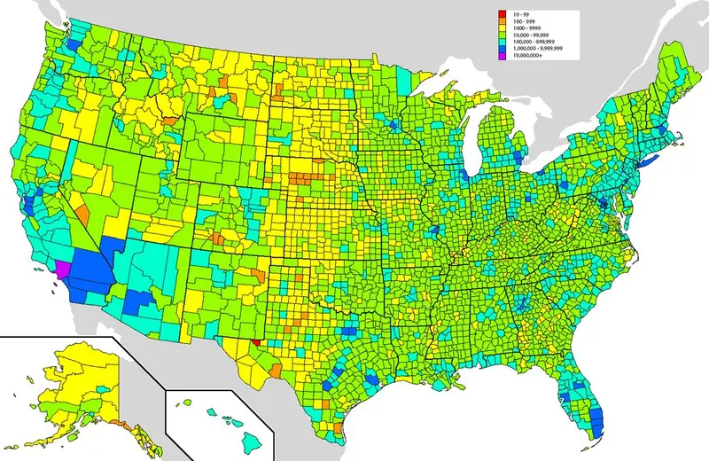 Map: U.S. Population by county, using a log scale.