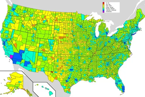 Map: U.S. Population by county, using a log scale.