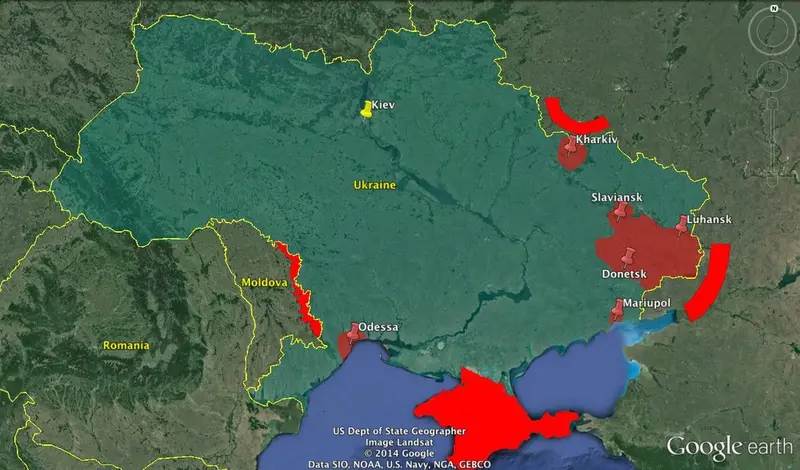 Map: Ukraine: Areas of rebellion by 15 April and major Russian military formations