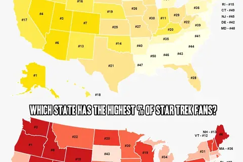 Map: US states ranked by # of Star Wars & Star Trek fans