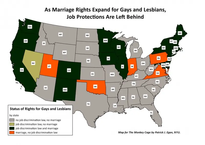 Map: US States where gays can marry and/or be legally fired for being gay