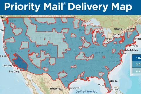 Map: USPS priority mailing time from Nashville