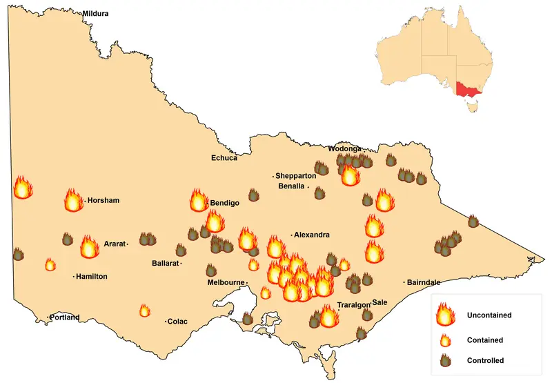 Map: Victoria Bushfires 9Am Feb 8 2009 Fire Locations Map