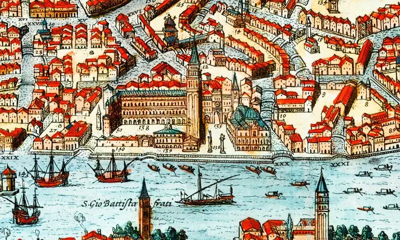 Map: View of Venice from 1575. by Braun and Hogenberg, this view depicts the city when it was just past the peak of its commercial naval power