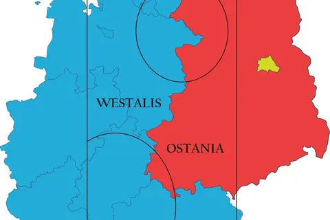 Map: Westalis and Ostania Map from Spy Family Overlaid on West and East Germany Map
