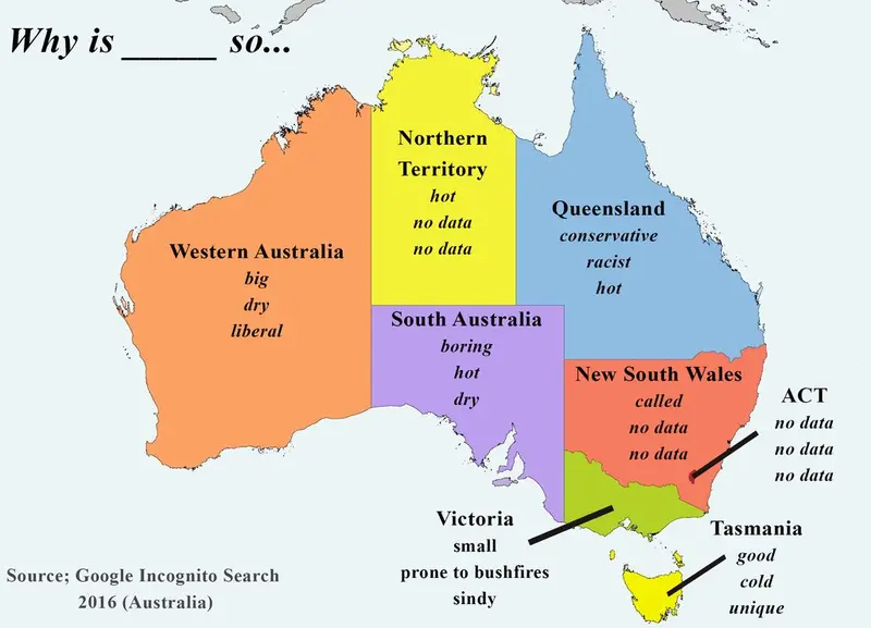 Map: Why is … so? Top 3 Autocomplete searches in each State and Territory in Australia
