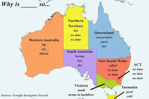Map: Why is … so? Top 3 Autocomplete searches in each State and Territory in Australia