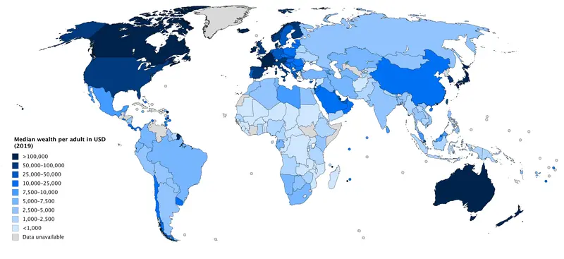 Map: World Map of Median Wealth Per Adult by Country Credit Suisse 2019 Publication