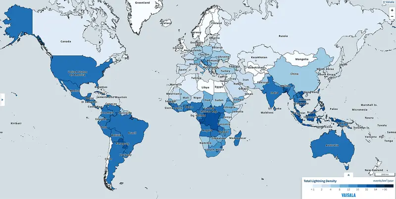 Map: World Map of the Frequency of Lightning Strikes