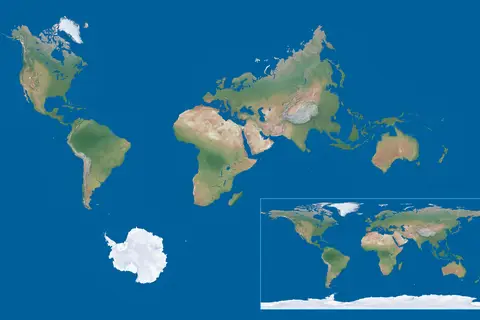 Map: World Map True Proportioned Continents Approximation with Comparison
