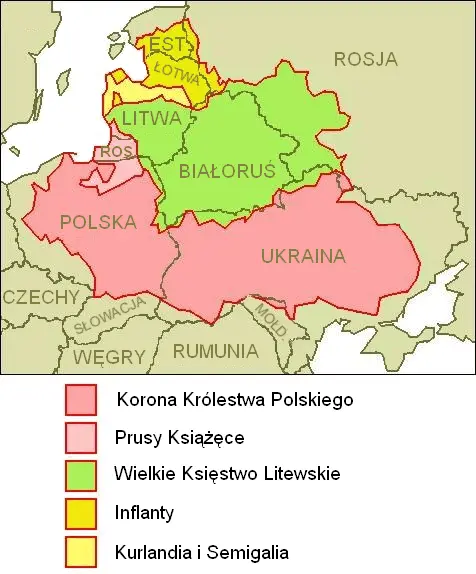 Map: Zasig Terytorialny Rzeczypospolitej Obojga Narodw W 1619 Na Tle Wspczesnej Mapy Europy