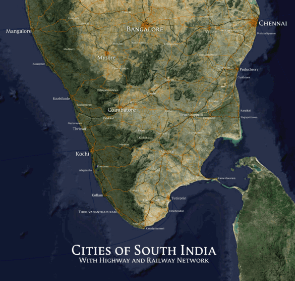 Cities Of South India With Highway And Railway Network Map